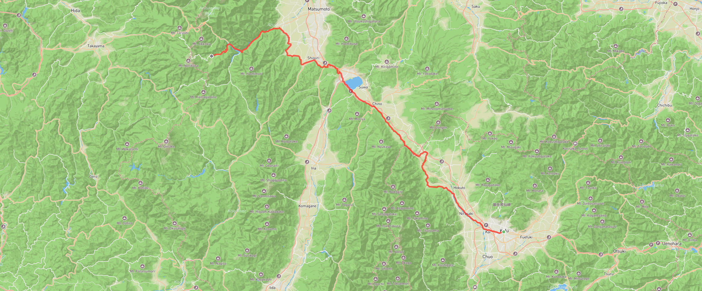 Tokyo to Kyoto cycling trip, day 2. Kofu to Norikura Kogen map